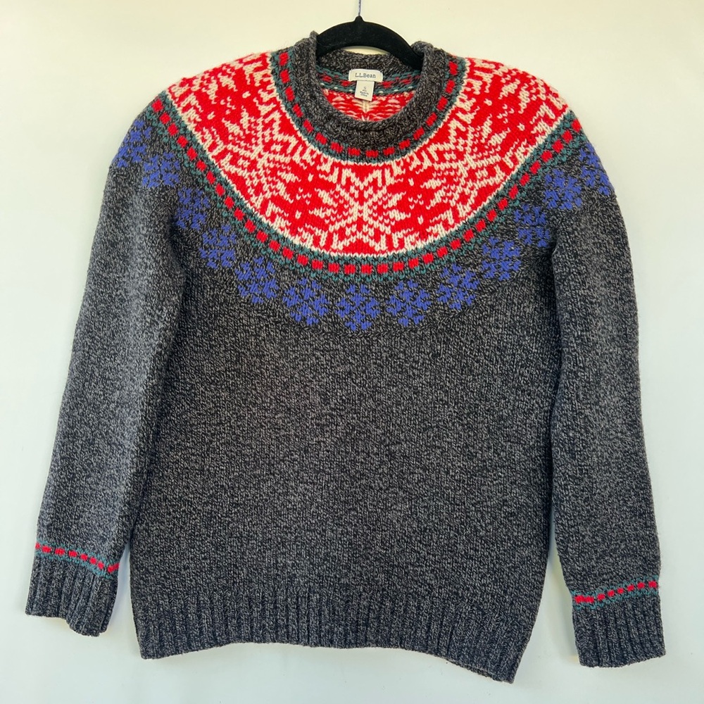 LL‎ Bean Sweater Womens Small Gray Red Fair Isle Lambs Wool Knit Nordic Holiday